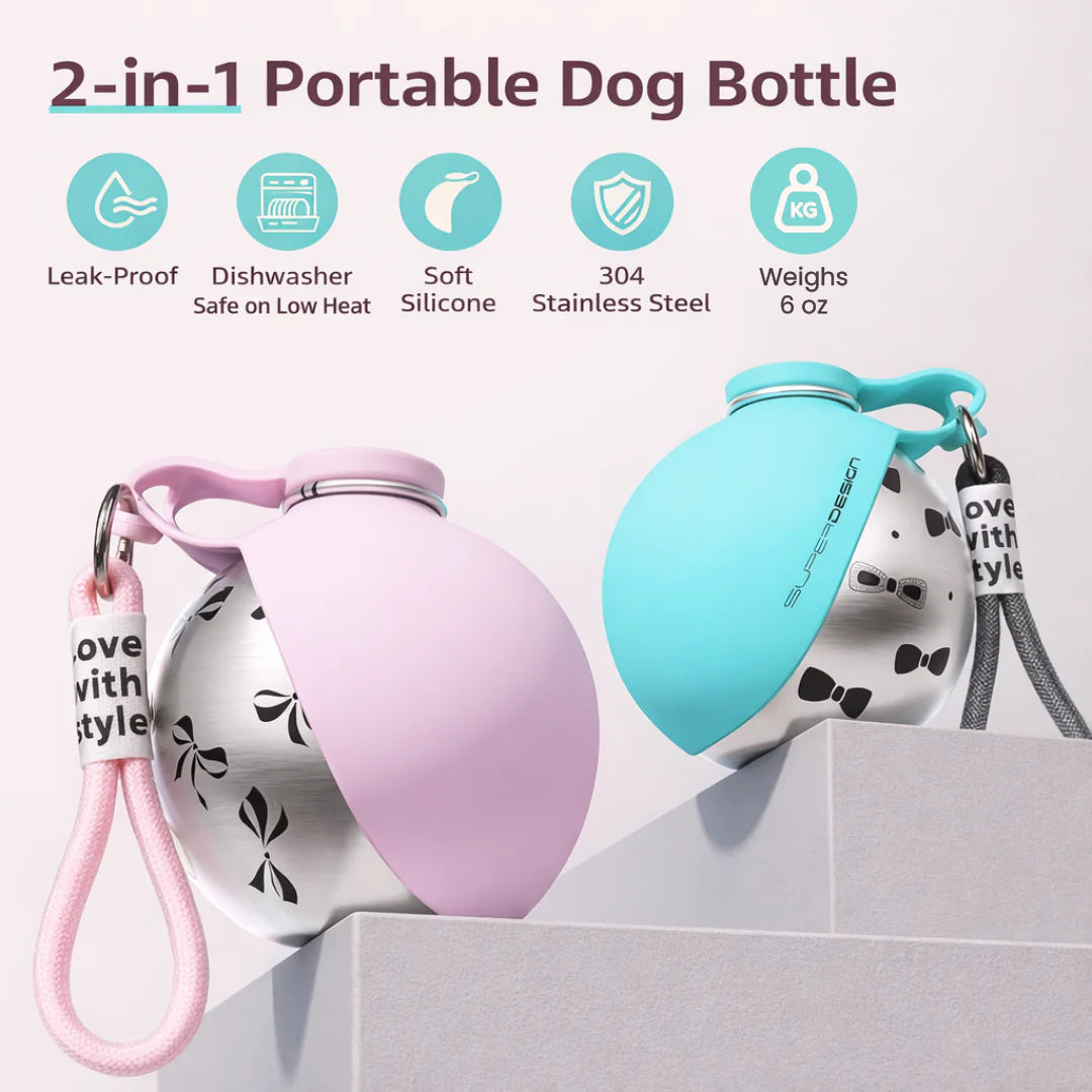 Portable Pet Travel Water Bottle & Bowl - Stainless Steel